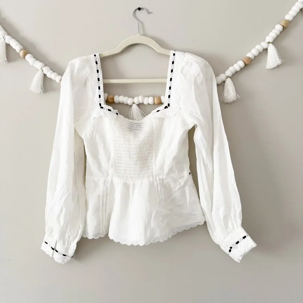 NEW Reformation Haisley Ribbon Accent Organic Cotton Peplum Top White Size 4